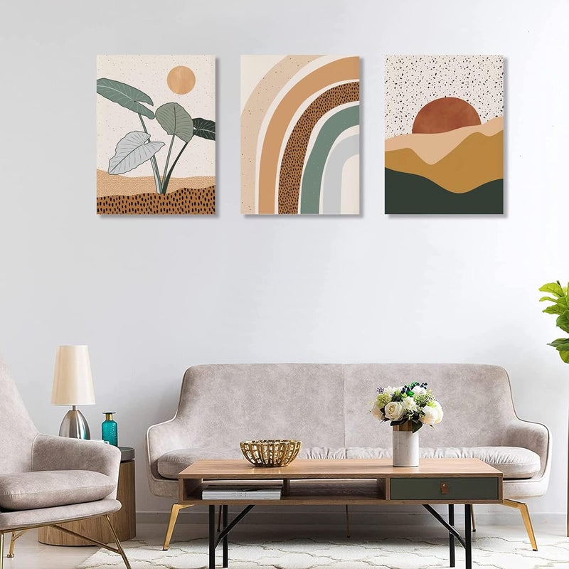 ASTRDECOR مجموعة من 3 قطع من فن الجدران البوهيمي، فن جدار حديث من منتصف القرن، لوحات قماشية مؤطرة، مطبوعات هندسية مجردة محايدة مع شمس وصحراء ونبات وقوس قزح وطبيعة، عمل فني بسيط، ديكور جدار بوهيمي للحمام وغرفة النوم - Image 3