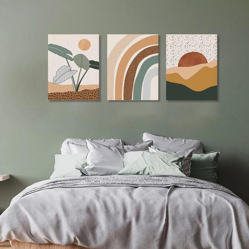 ASTRDECOR مجموعة من 3 قطع من فن الجدران البوهيمي، فن جدار حديث من منتصف القرن، لوحات قماشية مؤطرة، مطبوعات هندسية مجردة محايدة مع شمس وصحراء ونبات وقوس قزح وطبيعة، عمل فني بسيط، ديكور جدار بوهيمي للحمام وغرفة النوم - Image 4