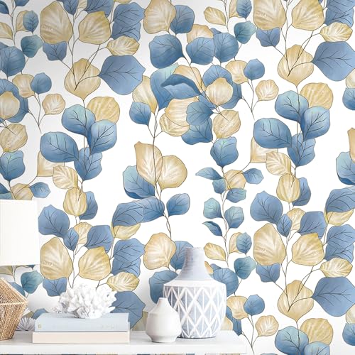 Vinjiasin Boho Peel and Stick Wallpaper Blue Leaf Contact Paper Modern Floral Wallpaper Self Adhesive Removable Wall Paper for Bathroom Bedroom Living Room Cabinet Countertop 17.3"x 78.7" - Image 1