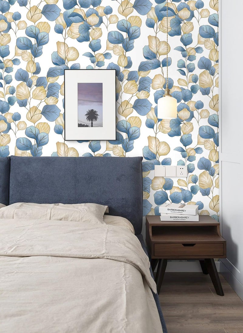 Vinjiasin Boho Peel and Stick Wallpaper Blue Leaf Contact Paper Modern Floral Wallpaper Self Adhesive Removable Wall Paper for Bathroom Bedroom Living Room Cabinet Countertop 17.3"x 78.7" - Image 2