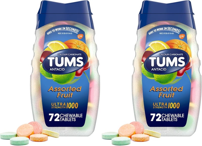 TUMS Antacid Chewable Tablets for Heartburn Relief Ultra Strength Assorted Fruit 72 Tablets Pack of 2