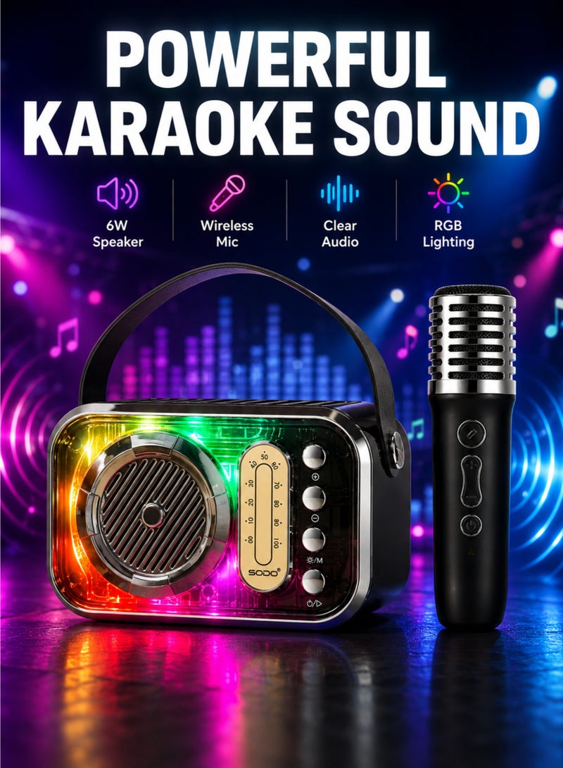SODO SD10 Bluetooth Karaoke Speaker with Wireless Microphone, RGB Light, Portable Wireless Speaker, USB/TF/AUX - Image 2