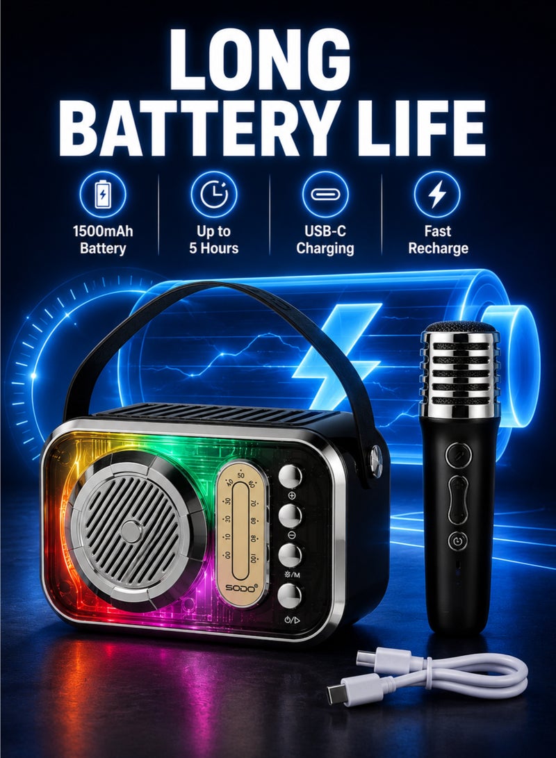 SODO SD10 Bluetooth Karaoke Speaker with Wireless Microphone, RGB Light, Portable Wireless Speaker, USB/TF/AUX - Image 5