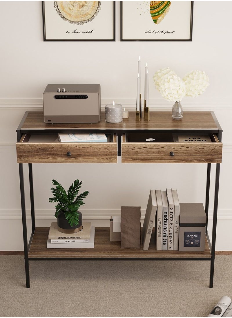 AnneFish - 100*33*90cm 2 Tier Console Table Sofa Table Coffee Corner with Storage Shelf and 2 Drawers Entryway Table for Couch Hallway Entrance Living Room - Image 1