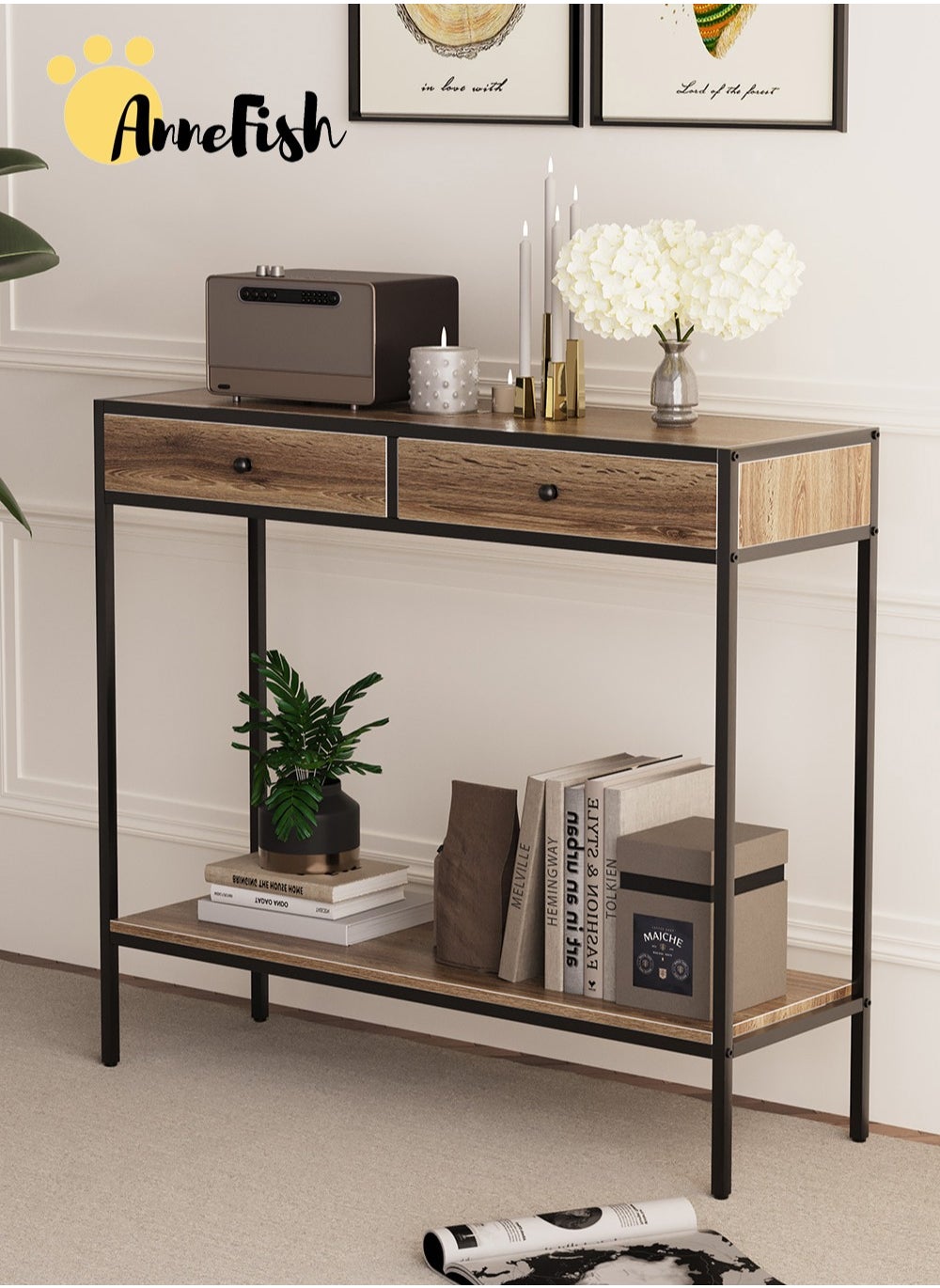 100*33*90cm 2 Tier Console Table Sofa Table Coffee Corner with Storage Shelf and 2 Drawers Entryway Table for Couch Hallway Entrance Living Room 