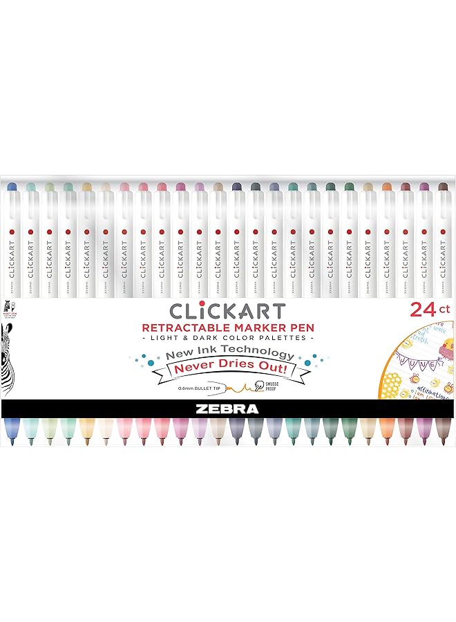 ZEBRA Pen Clickart Retractable Marker Pen Fine Point 0.6Mm Assorted Light And Dark Ink Colors 24 Pack 69824 - Image 1