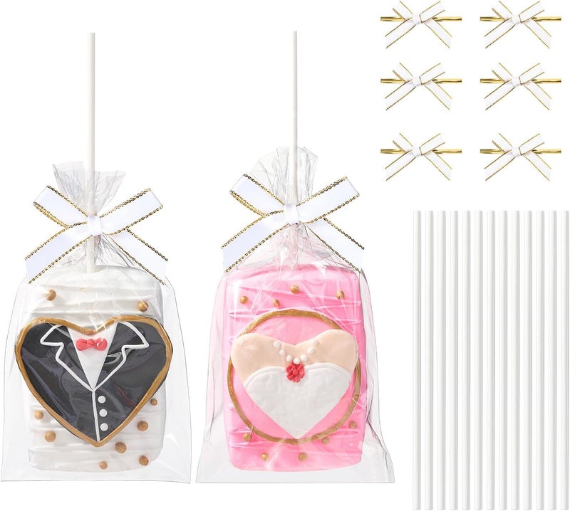 JCXGRVC 50pcs 4x6Inches Clear Rice Krispie Treat Bags with Sticks and Ties Bows Rice Kit Cakesicle Bags Individually Wrapped Packaging for Marshmallow Mcaron Pop Candy Apple Cookies Cake Ore Pop - Image 1