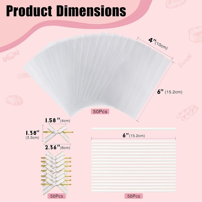 JCXGRVC 50pcs 4x6Inches Clear Rice Krispie Treat Bags with Sticks and Ties Bows Rice Kit Cakesicle Bags Individually Wrapped Packaging for Marshmallow Mcaron Pop Candy Apple Cookies Cake Ore Pop - Image 2