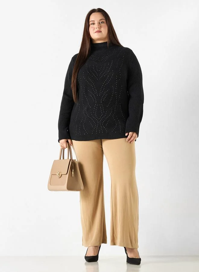 Ulla Popken Plus Size Ulla Popken Embellished High-Neck Sweater with Long Sleeves