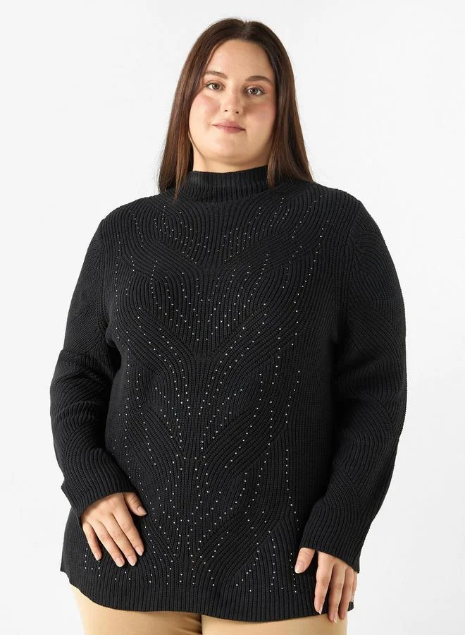 Ulla Popken Plus Size Ulla Popken Embellished High-Neck Sweater with Long Sleeves