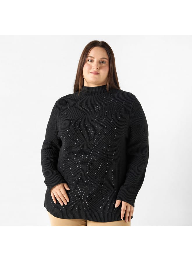 Ulla Popken Plus Size Ulla Popken Embellished High-Neck Sweater with Long Sleeves - Image 1