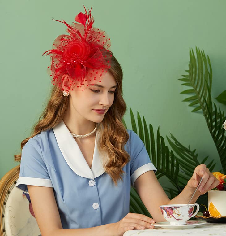 Cizoe Fascinators Hat for Women Tea Party Headband Kentucky Derby Wedding Flower Cocktail Mesh Feathers Hair Clip(1-Red) - Image 3