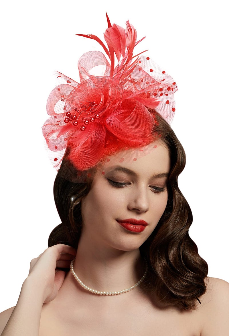 Cizoe Fascinators Hat for Women Tea Party Headband Kentucky Derby Wedding Flower Cocktail Mesh Feathers Hair Clip(1-Red) - Image 1