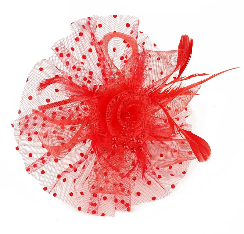 Cizoe Fascinators Hat for Women Tea Party Headband Kentucky Derby Wedding Flower Cocktail Mesh Feathers Hair Clip(1-Red) - Image 5