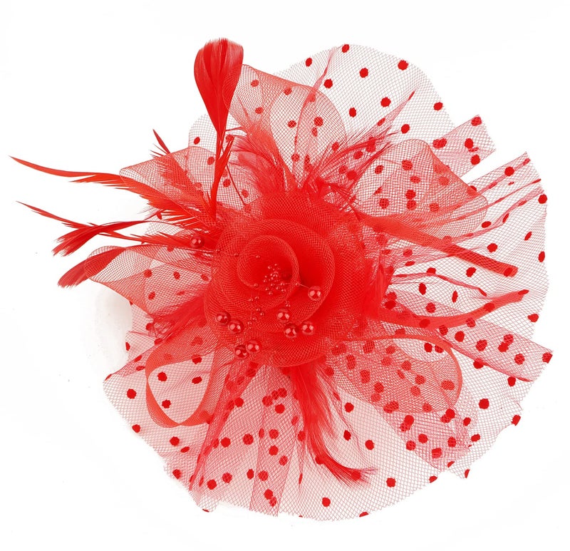 Cizoe Fascinators Hat for Women Tea Party Headband Kentucky Derby Wedding Flower Cocktail Mesh Feathers Hair Clip(1-Red) - Image 4
