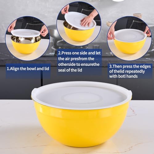 Onlycooker Yellow Mixing Bowls With Airtight Lids,Stainless Steel Bowl,Salad Bowls 7 Piece Colorful Nesting Bowl Yellow Kitchen Accessories,Size 7,3.6,2.7,2.1,1.5,1.1,0.8QT Stackable Design - Image 3