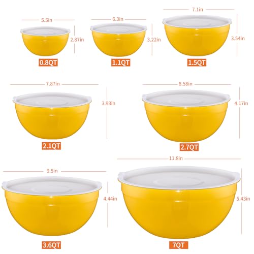 Onlycooker Yellow Mixing Bowls With Airtight Lids,Stainless Steel Bowl,Salad Bowls 7 Piece Colorful Nesting Bowl Yellow Kitchen Accessories,Size 7,3.6,2.7,2.1,1.5,1.1,0.8QT Stackable Design - Image 2
