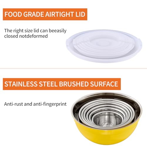 Onlycooker Yellow Mixing Bowls With Airtight Lids,Stainless Steel Bowl,Salad Bowls 7 Piece Colorful Nesting Bowl Yellow Kitchen Accessories,Size 7,3.6,2.7,2.1,1.5,1.1,0.8QT Stackable Design - Image 4