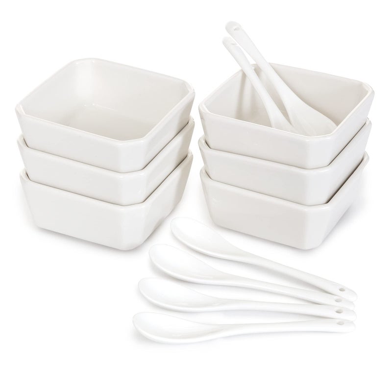 FAMHH 6 Oz White Porcelain Serving Bowls Set  6 Small Bowls and 6 Serving Spoons  Sturdy Oven and DishwasherSafe Ceramic Condiment Cups for Sauces Desserts and Appetizers