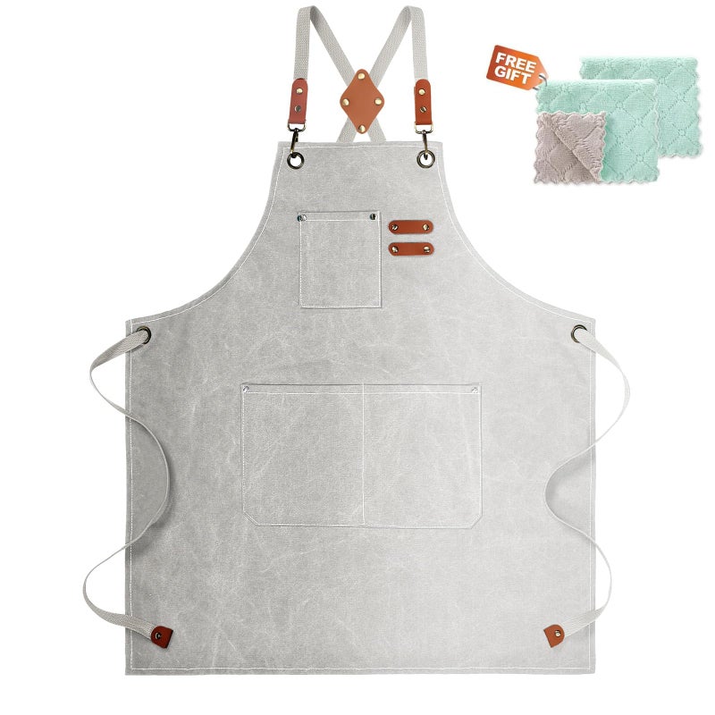 ZOMAO White Chef Aprons for Men Women with Large PocketsCotton Canvas Cross Back ApronKitchen Cooking Baking Bib Heavy Duty Adjustable Work Apron
