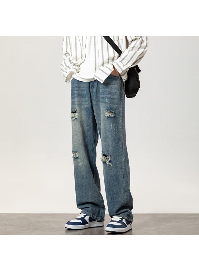 Foss Phil Men's Summer Thin Loose Fit Casual Straight Leg High Street Wide Leg Jeans With Holes Retro Blue L - Image 5