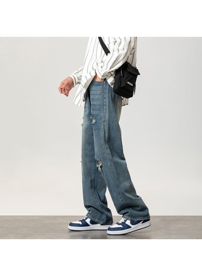 Foss Phil Men's Summer Thin Loose Fit Casual Straight Leg High Street Wide Leg Jeans With Holes Retro Blue L - Image 4