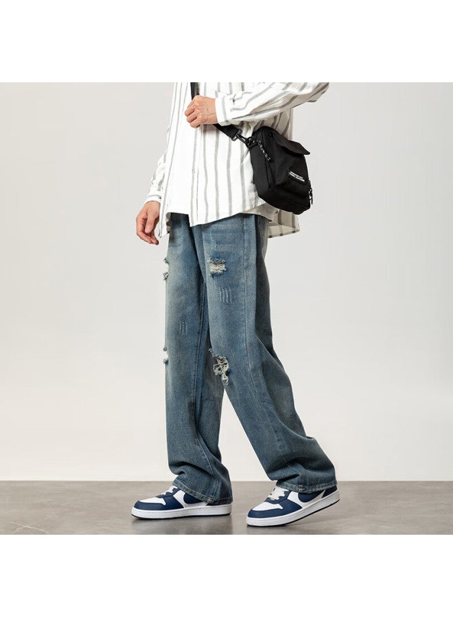 Foss Phil Men's Summer Thin Loose Fit Casual Straight Leg High Street Wide Leg Jeans With Holes Retro Blue L - Image 1