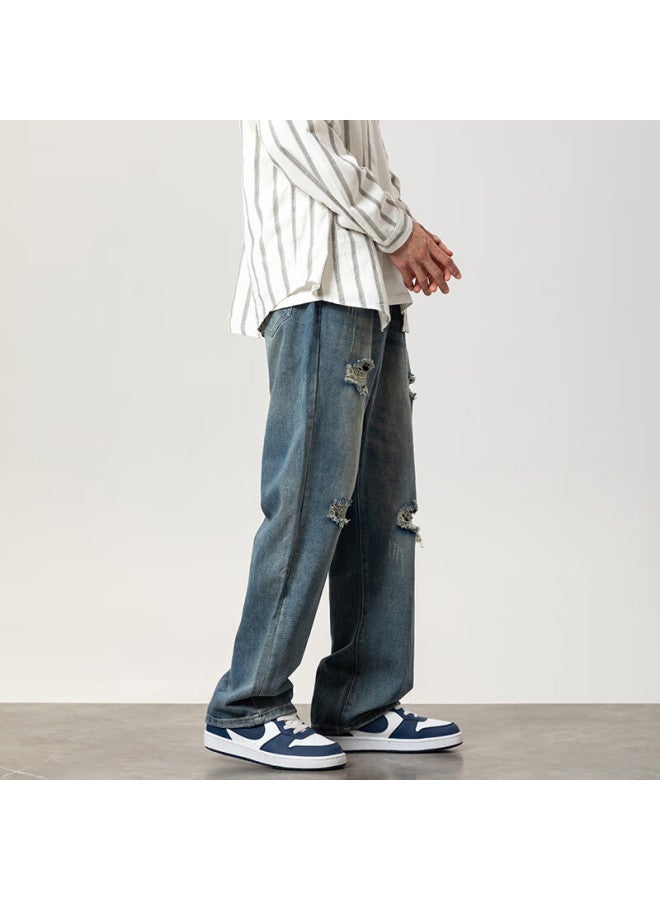 Foss Phil Men's Summer Thin Loose Fit Casual Straight Leg High Street Wide Leg Jeans With Holes Retro Blue L - Image 2