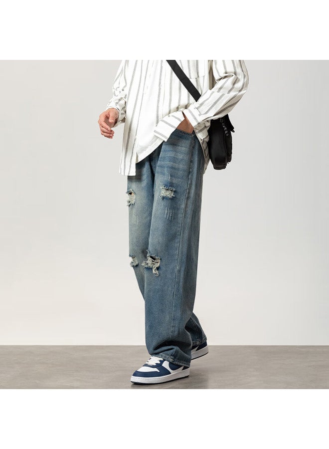 Foss Phil Men's Summer Thin Loose Fit Casual Straight Leg High Street Wide Leg Jeans With Holes Retro Blue L - Image 3