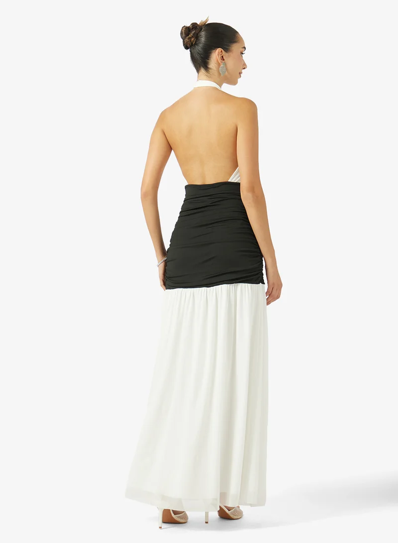 جينجر Halter Neck Two Tone Gather Detail Dress