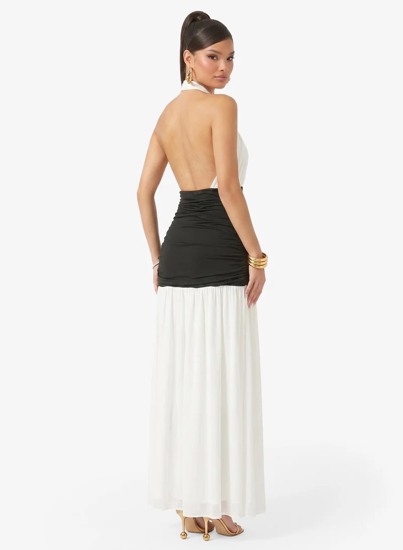 Ginger Halter Neck Two Tone Gather Detail Dress