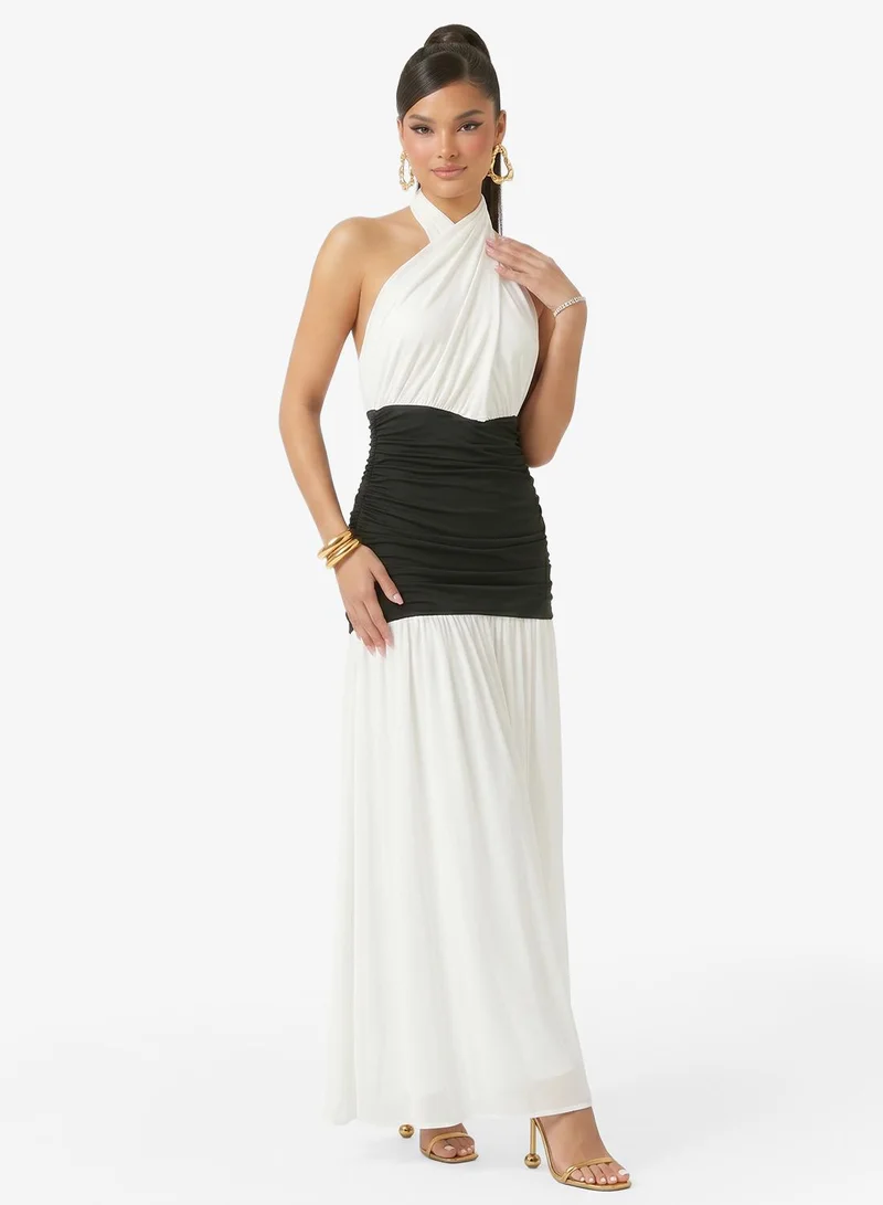 Ginger Halter Neck Two Tone Gather Detail Dress