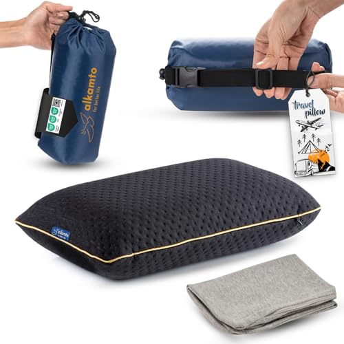alkamto Travel & Camping Comfortable Memory Foam Pillow – Easy to Carry Portable Bag – Temperature Regulating Pillow Case (Black + Extra Cover) - Image 1