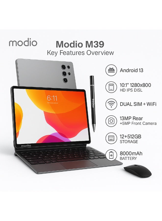 MODIO TAB Modio M39 Tablet – 10.1 Inch HD IPS Display, Android 13, 12+512GB, Dual SIM 4G, 13MP+5MP Camera, 8000mAh Battery, with Keyboard, Mouse, Pen, Case & OTG Adapter (Gray) - Image 2
