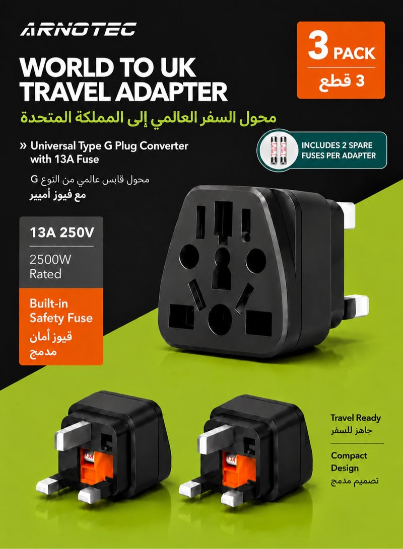 ARNOTEC محول سفر عالمي إلى المملكة المتحدة 3 قطع، محول قابس عالمي من النوع G 13A 250V 2500W مع فيوز و2 فيوز احتياطي، محول أرضي بثلاثة دبابيس للمملكة المتحدة للأجهزة الأمريكية والأوروبية والأسترالية والصينية واليابانية – أسود - Image 1