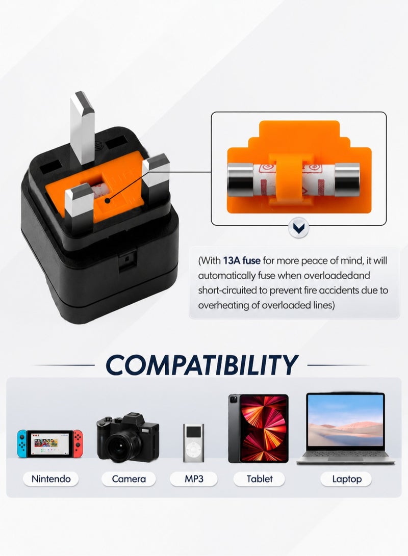 ARNOTEC محول سفر عالمي إلى المملكة المتحدة 3 قطع، محول قابس عالمي من النوع G 13A 250V 2500W مع فيوز و2 فيوز احتياطي، محول أرضي بثلاثة دبابيس للمملكة المتحدة للأجهزة الأمريكية والأوروبية والأسترالية والصينية واليابانية – أسود - Image 2