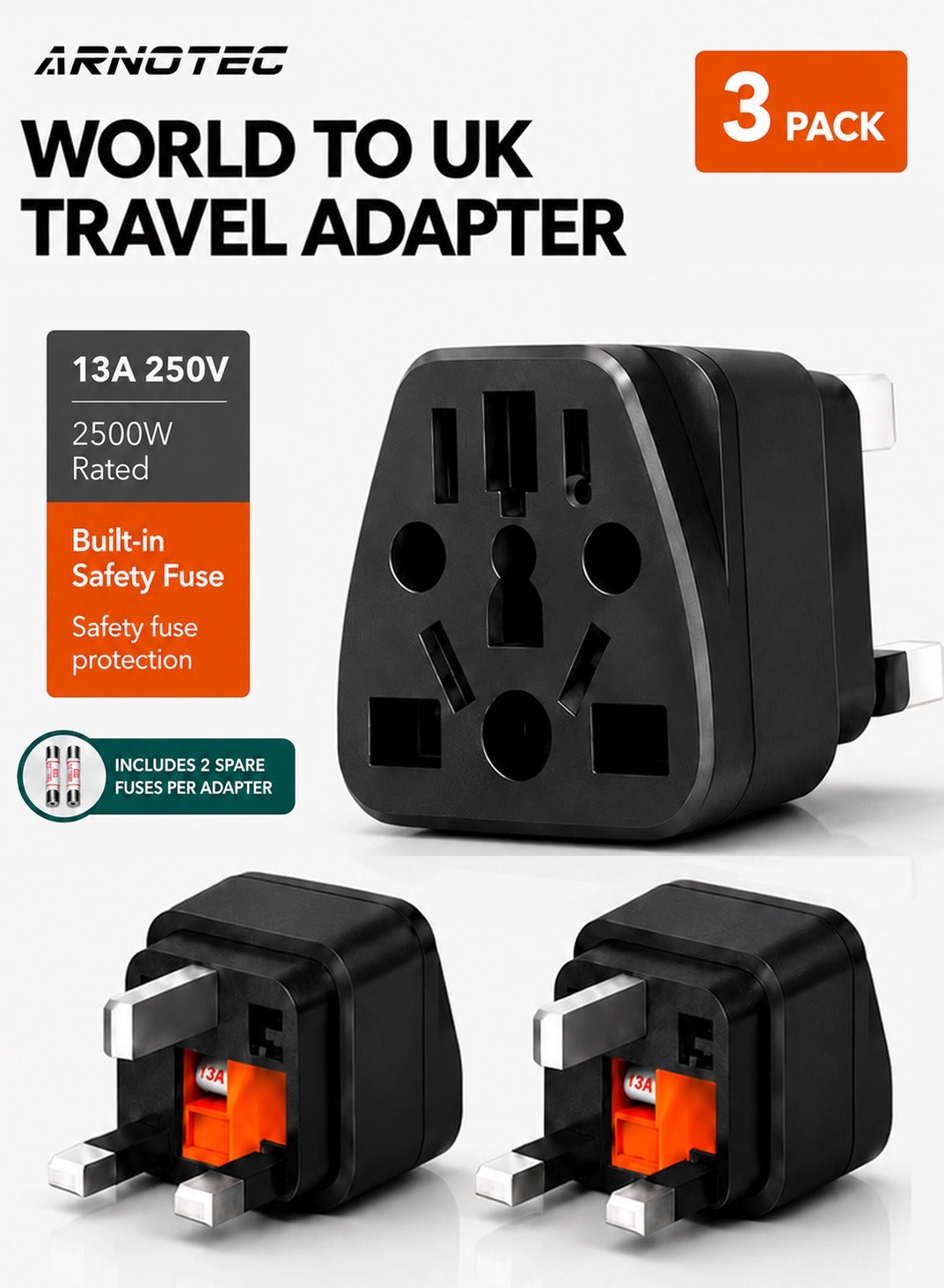 أرنوتيك Arnotec World To Uk Travel Adapter 3-pack 2500W