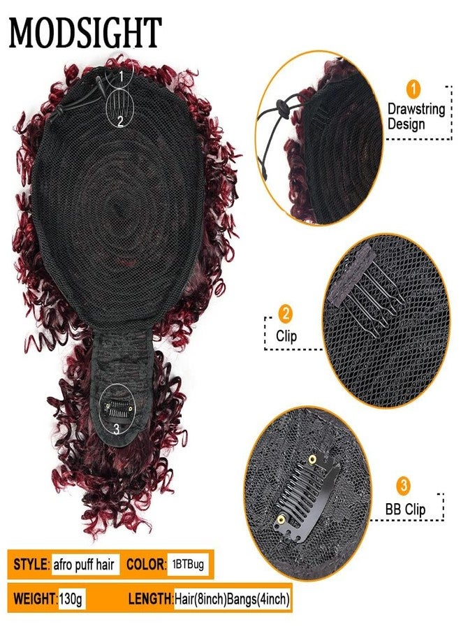 MODSIGHT Afro Puff Drawstring Ponytail with Bangs, Black to Burgundy Kinky Curly Ponytail Bun with Bangs Updo Hairpieces, Short Afro Puffs with Bang for Black Women (Black to Burgundy 1BTBug) - Image 5