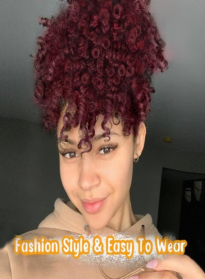 MODSIGHT Afro Puff Drawstring Ponytail with Bangs, Black to Burgundy Kinky Curly Ponytail Bun with Bangs Updo Hairpieces, Short Afro Puffs with Bang for Black Women (Black to Burgundy 1BTBug) - Image 2