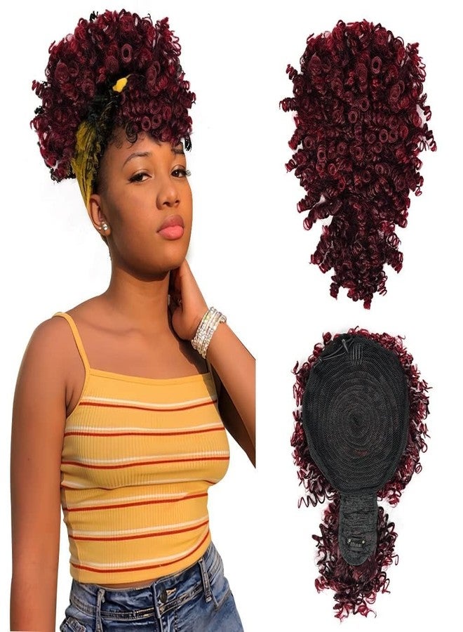 MODSIGHT Afro Puff Drawstring Ponytail with Bangs, Black to Burgundy Kinky Curly Ponytail Bun with Bangs Updo Hairpieces, Short Afro Puffs with Bang for Black Women (Black to Burgundy 1BTBug) - Image 1