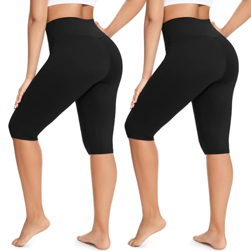 FULLSOFT 2 Pack Women's Knee-Length Leggings Capri Biker Shorts High Waist Tummy Control Yoga Leggings Workout Casual Summer(L,Black/Navy Blue) - Image 1