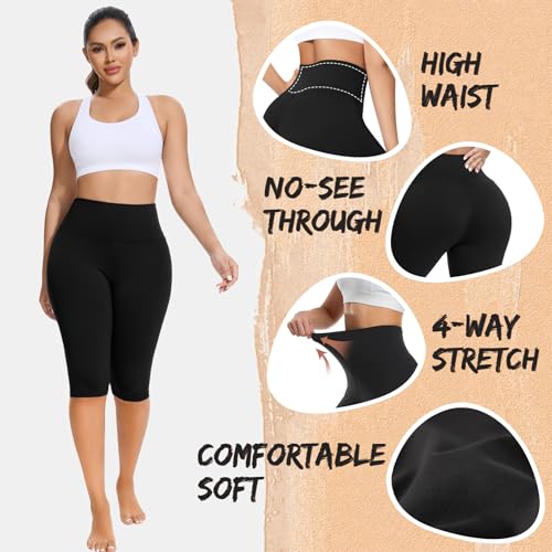 FULLSOFT 2 Pack Women's Knee-Length Leggings Capri Biker Shorts High Waist Tummy Control Yoga Leggings Workout Casual Summer(L,Black/Navy Blue) - Image 4