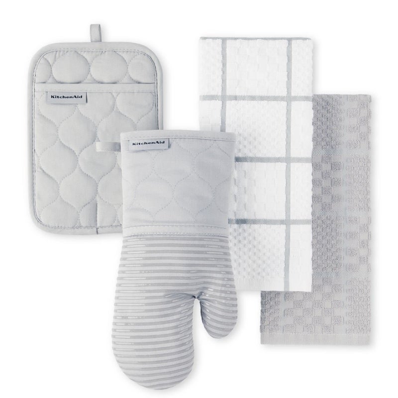 KITCHENAID Quilted Cotton Terry Cloth Oven Mitt, Pot Holder, Kitchen Towel 4-Pack Set, Heat Resistant, Silicone Grip, 16"x26", 7"x13" & 7"x10", Matte Grey - Image 1