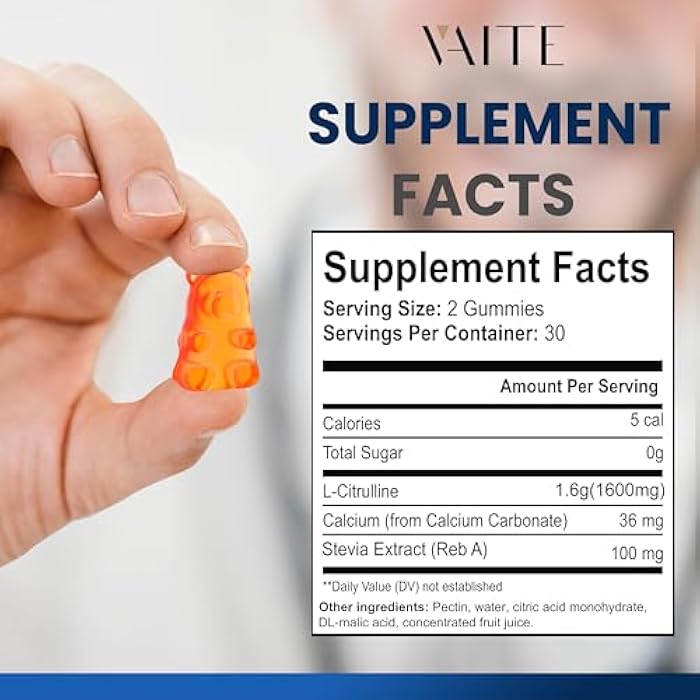 VAITE L Citrulline Gummies for Men - Powerful Vasodilator with Calcium, 1600mg per Serving, Extra Strength, Boosts Nitroxyl and Nitric Oxide Production, Supports Energy and Endurance, 60 Chewable Gummy - Image 3