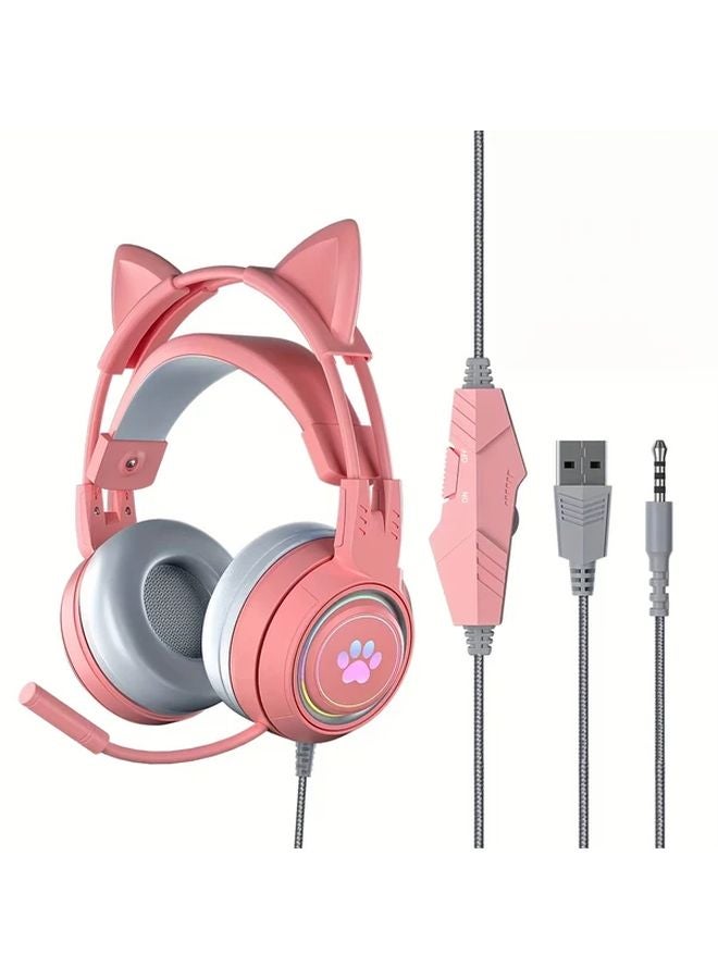 Pink Cat Ear RGB Gaming Headset with Microphone for PS4 PS5 Xbox PC Switch - Image 1