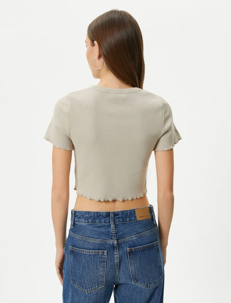 KOTON V-Neck Crop T-Shirt Ribbed Short Sleeve Button Detailed