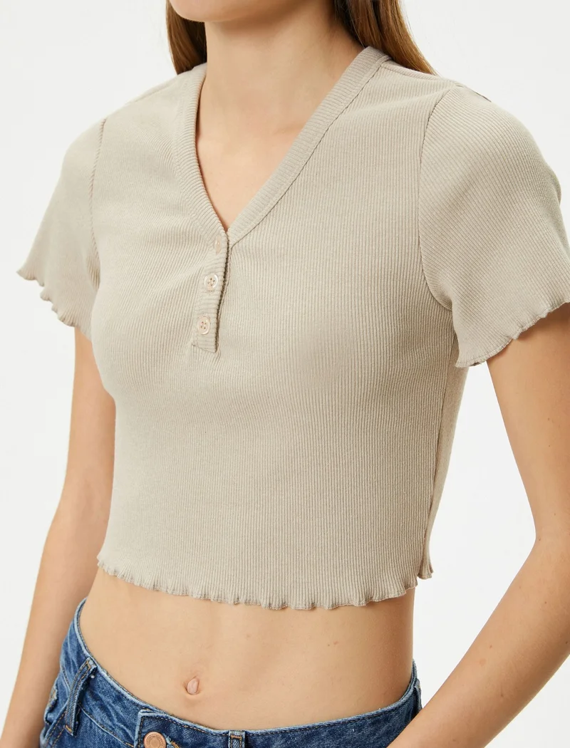 KOTON V-Neck Crop T-Shirt Ribbed Short Sleeve Button Detailed