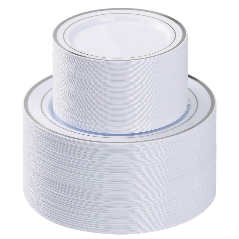 BESTVIP 200PCS Silver Plastic Plate, Disposable Party Plates with 100 Dinner Plates and 100 Dessert Plates, Plastic Plates for Party, Wedding and Birthday - Image 1