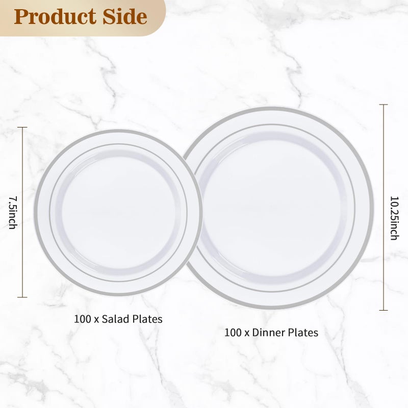BESTVIP 200PCS Silver Plastic Plate, Disposable Party Plates with 100 Dinner Plates and 100 Dessert Plates, Plastic Plates for Party, Wedding and Birthday - Image 4