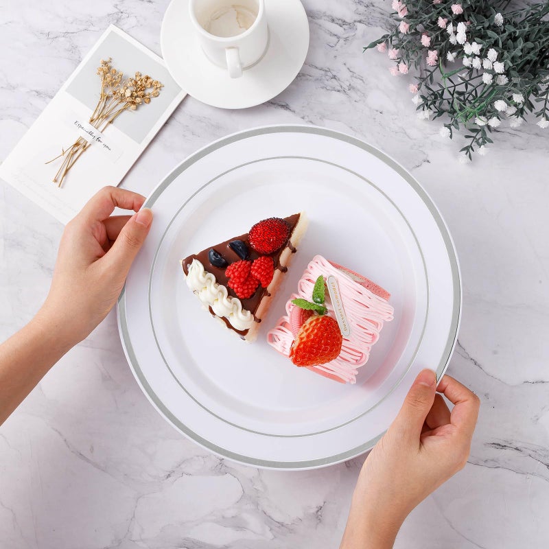 BESTVIP 200PCS Silver Plastic Plate, Disposable Party Plates with 100 Dinner Plates and 100 Dessert Plates, Plastic Plates for Party, Wedding and Birthday - Image 3